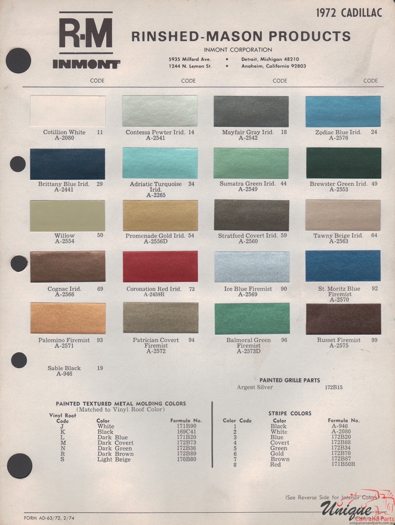 1972 Cadillac Paint Charts RM 1